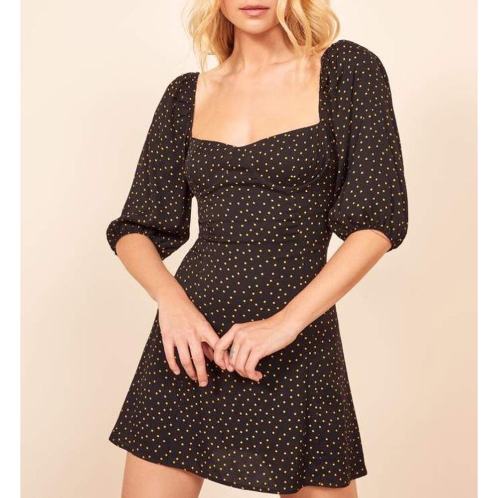 Reformation Kopa Dress Monti Black Mustard Polka Dot Puff Sleeves SZ 12